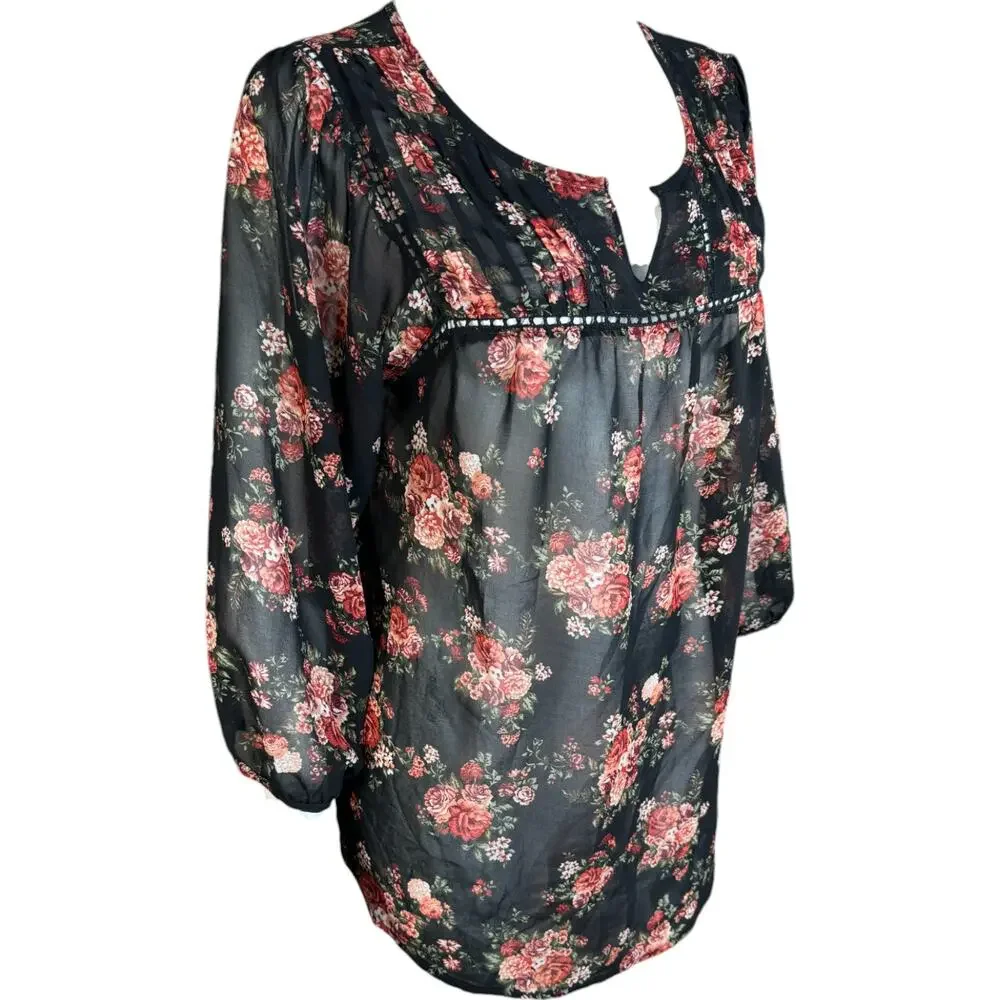 Mine Womens Large Black Floral Sheer 3/4‎ Length Sleeve Blouse - Picture 10 of 15